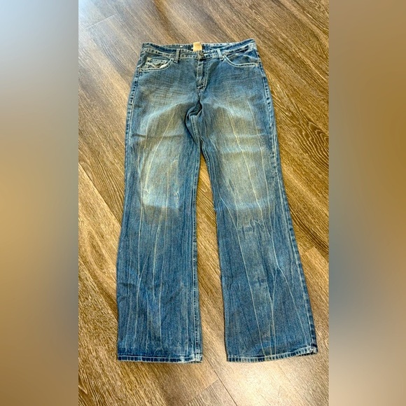 PracaWear Embroidered Distressed Straight Leg Y2K Denim Jeans Dark Wash - Picture 2 of 7